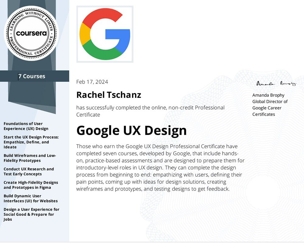 Google UX Design certificate presented to Rachel Tschanz