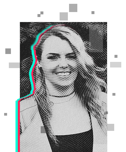 Rachel Tschanz smiling portrait with pixel art background