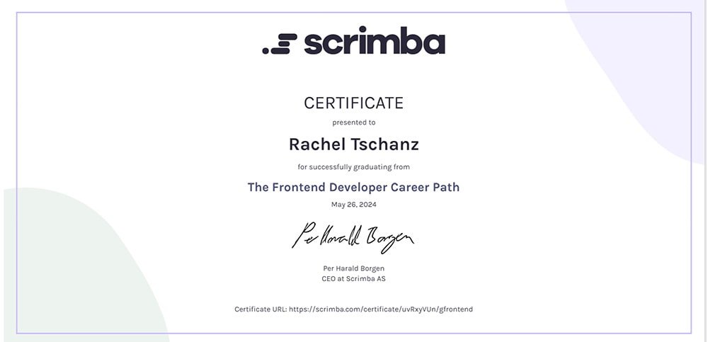 Scrimba Frontend Developer certificate presented to Rachel Tschanz